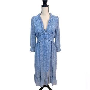 Dusty Blue Boho Peasant Ruffles V-Neck Dress Size Small